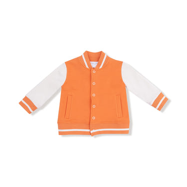 Orange varsity letterman jacket for babies, stylish and cozy outerwear for little ones.