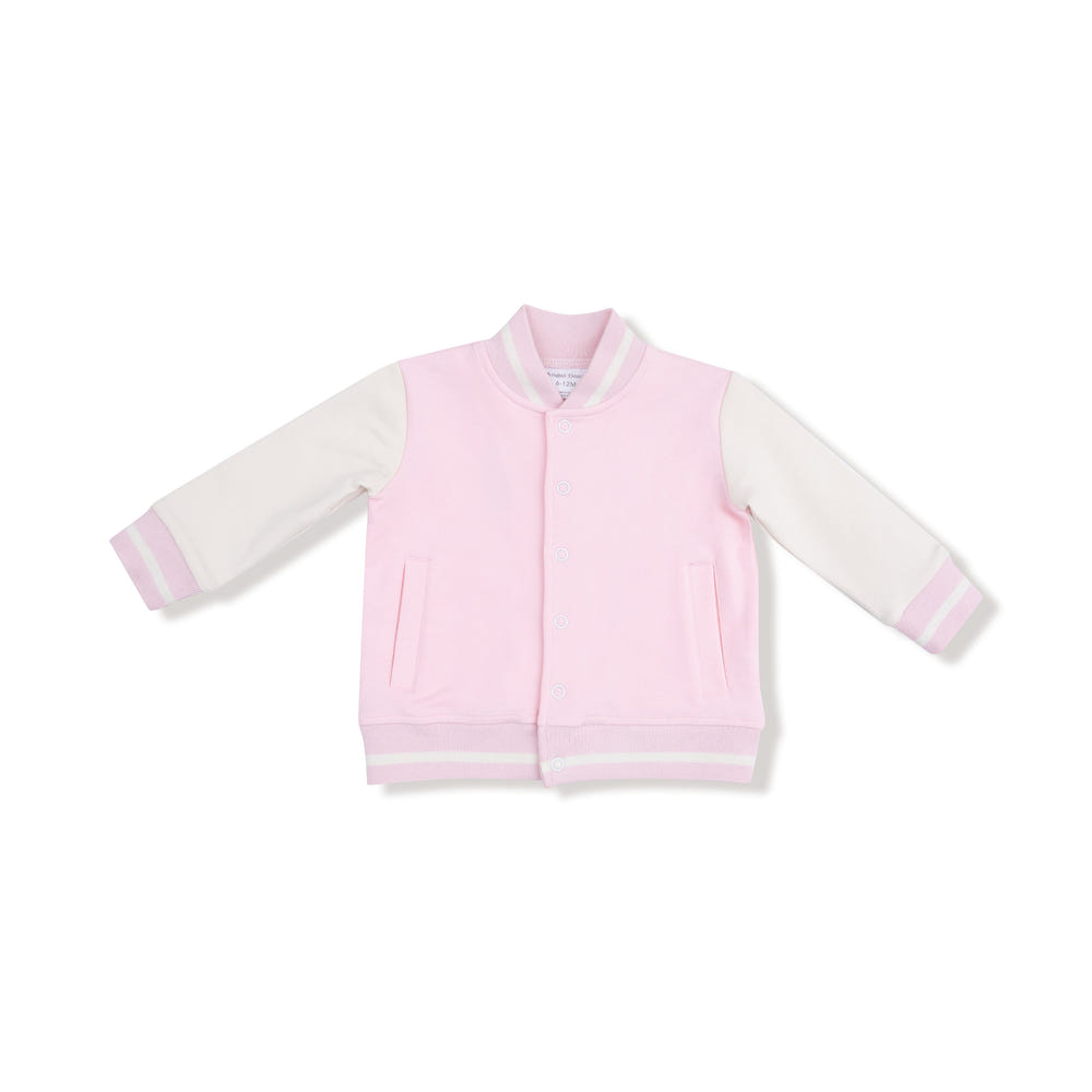 Pink varsity letterman jacket for babies, stylish and cozy outerwear for little ones.