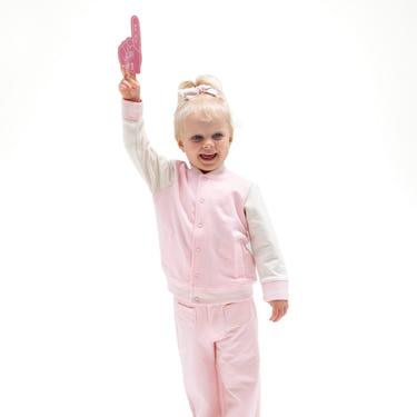 Pink varsity letterman jacket for babies, stylish and cozy outerwear for little ones.
