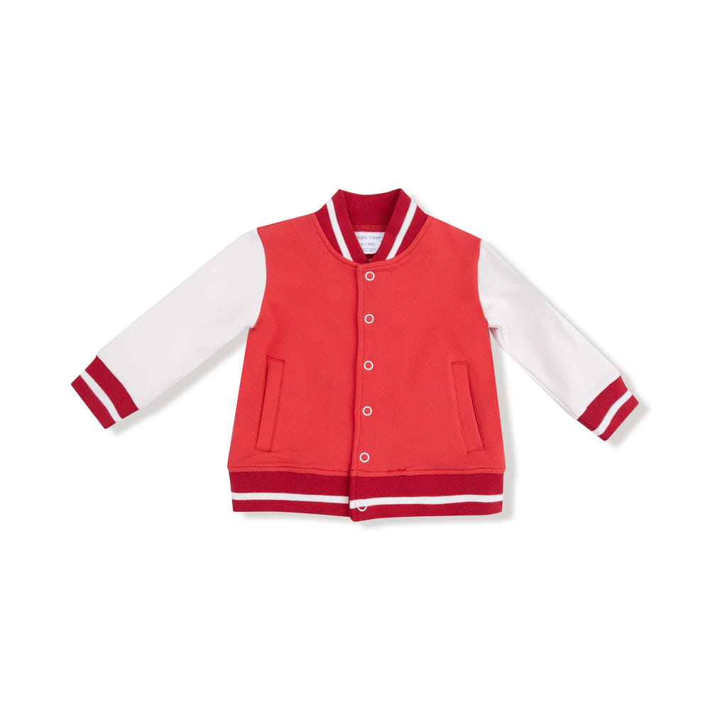 Red varsity letterman jacket for babies, stylish and cozy outerwear for little ones.