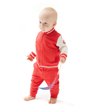 Red varsity letterman jacket for babies, stylish and cozy outerwear for little ones.