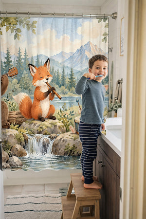 Child brushing teeth in a family bathroom with the Woodland Band shower curtain