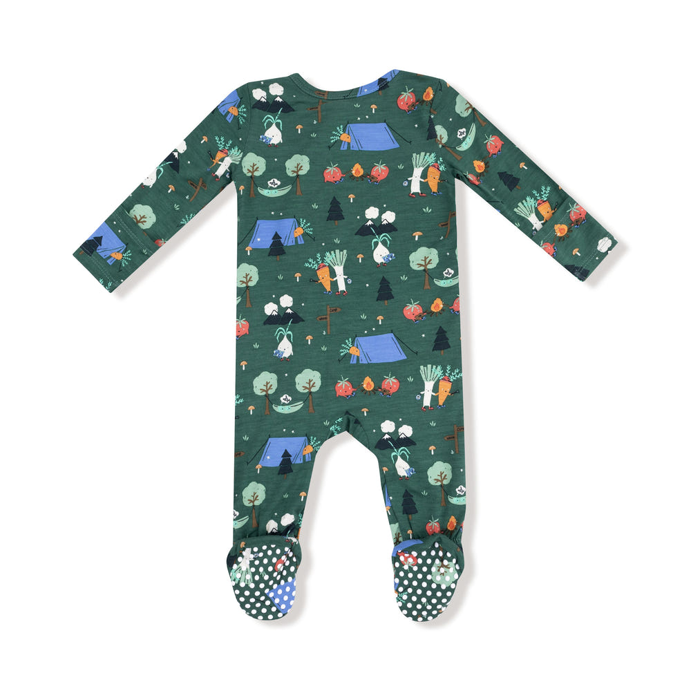Camping Veggies 2 Way Zipper Footie for babies - cozy zip pajamas with playful vegetable print.