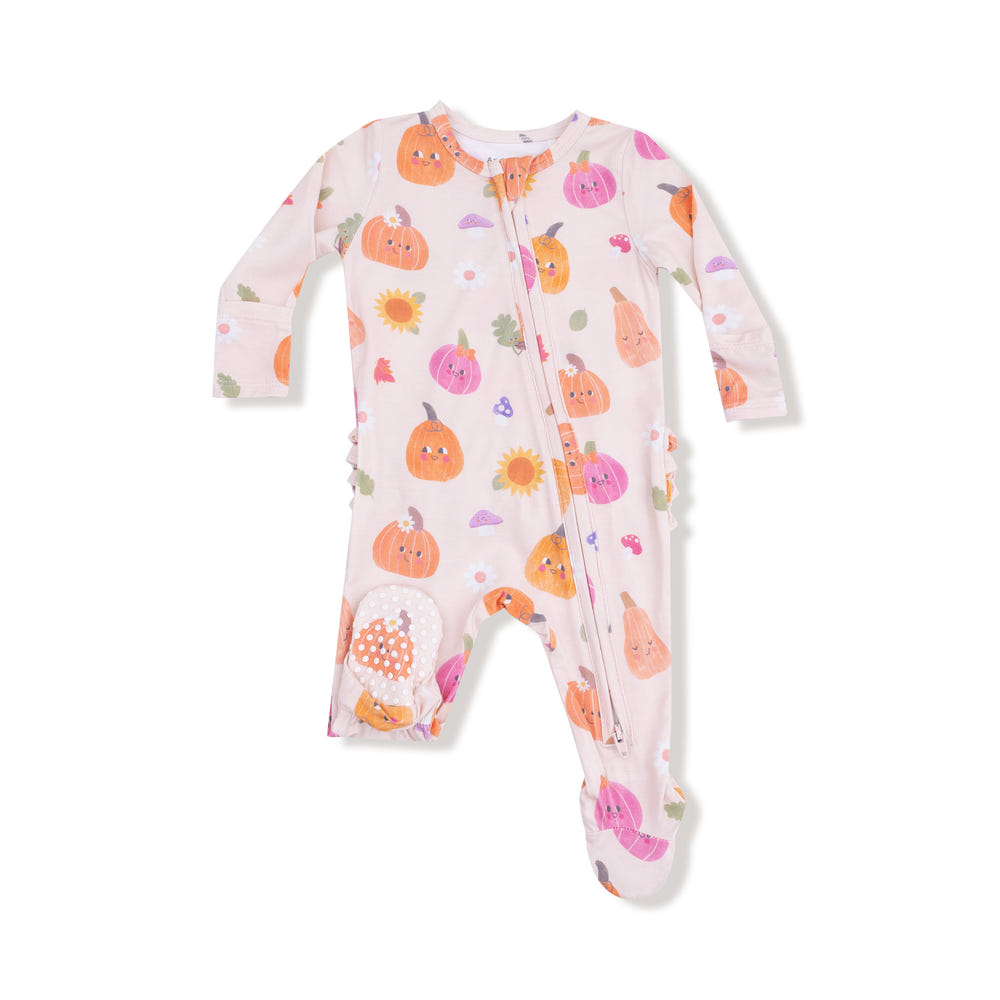 Pink Autumn Pumpkins 2 Way Zipper Ruffle Back Footie for babies - cozy zip pajamas for fall.
