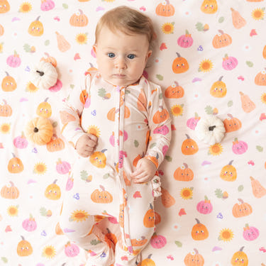 Pink Autumn Pumpkins 2 Way Zipper Ruffle Back Footie for babies - cozy zip pajamas for fall.