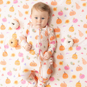 Autumn Pumpkins - Pink - 2 Way Zipper Ruffle Back Footie