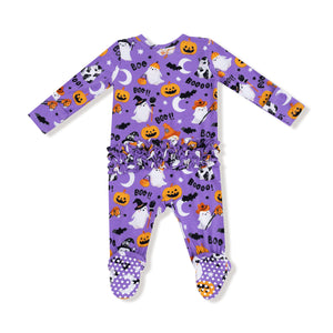 Costumed Ghosts - Glow In The Dark - Purple - 2 Way Zipper Ruffle Back Footie