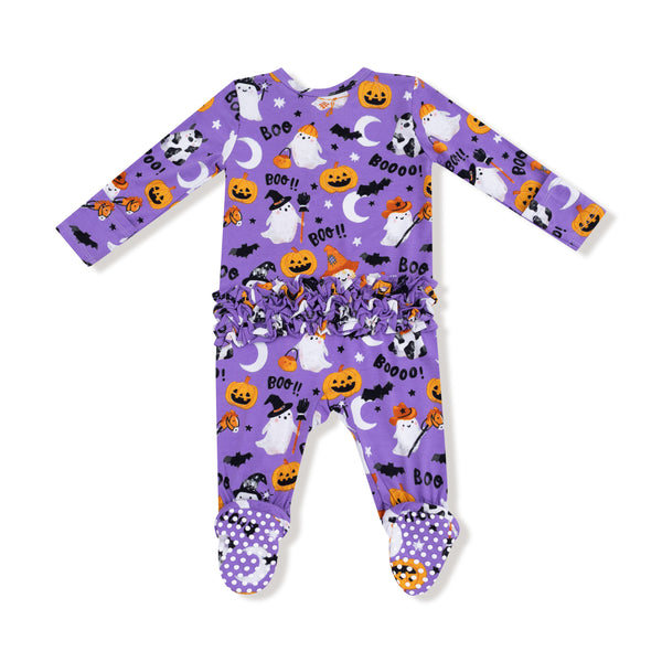 Costumed Ghosts - Glow In The Dark - Purple - 2 Way Zipper Ruffle Back Footie