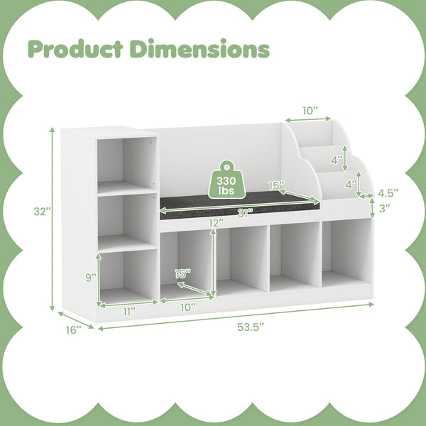 Kids Bookcase with Reading Nook 3-in-1 Standing Toy Organizer-White