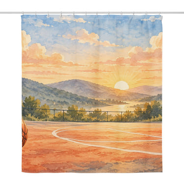 Sunrise Court Basketball shower curtain, full front view of the 71 x 74 in fabric curtain