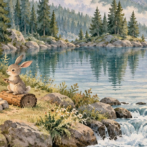 Woodland Adventure Camping shower curtain, close up of the watercolor artwork