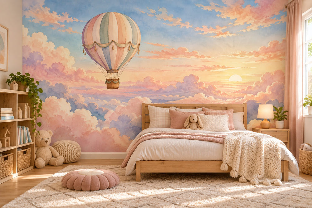 Watercolor Sunrise Hot Air Balloon Wall Mural, image 1