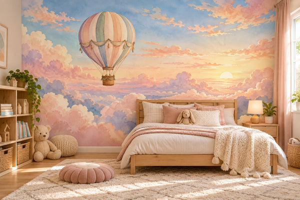 Watercolor Sunrise Hot Air Balloon Wall Mural, image 2