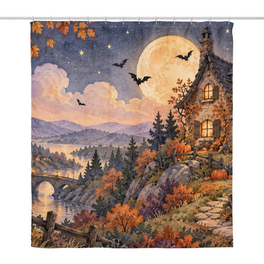 Storybook Cottage Halloween shower curtain, full front view of the 71 x 74 in fabric curtain