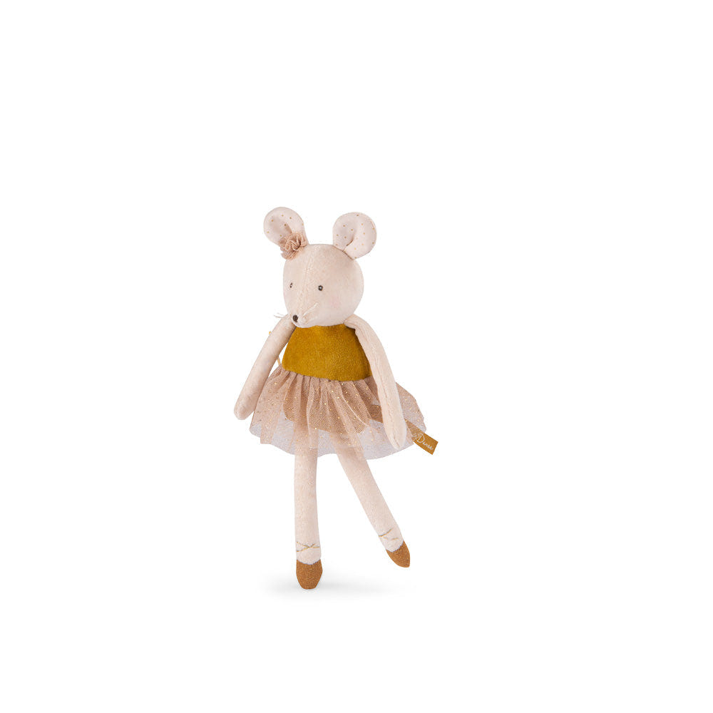 Golden mouse plush toy from The Little School of Dance by Moulin Roty, perfect for cuddly playtime and imaginative adventures.