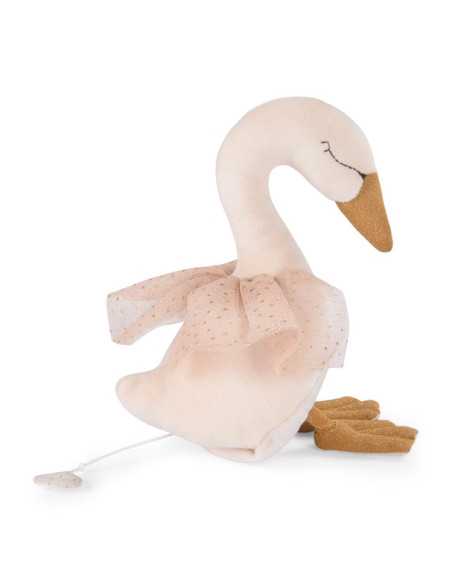 Musical swan toy from Moulin Roty, perfect for babies and toddlers, promoting creativity and play.