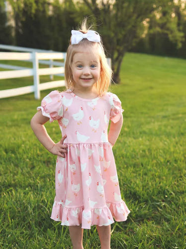 Farm Spring Chicken Print Girls Ruffle Dress