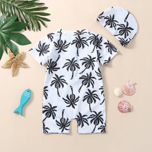 Boys' Cotton One-piece Swimsuit Cartoon Coconut Tree Printed Tape Hat
