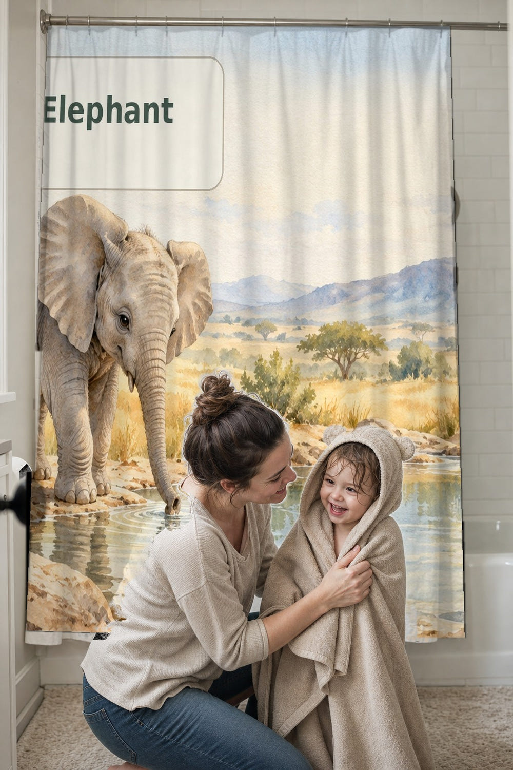 E is for Elephant Alphabet shower curtain, full front view of the 71 x 74 in fabric curtain