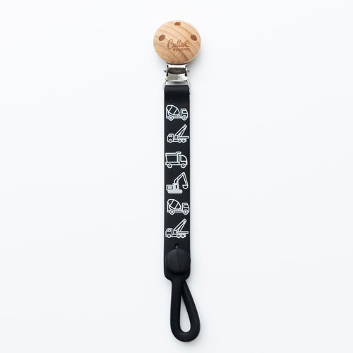 Nash Everything Clip featuring trucks and diggers, perfect pacifier holder for babies. Angle 4 view.
