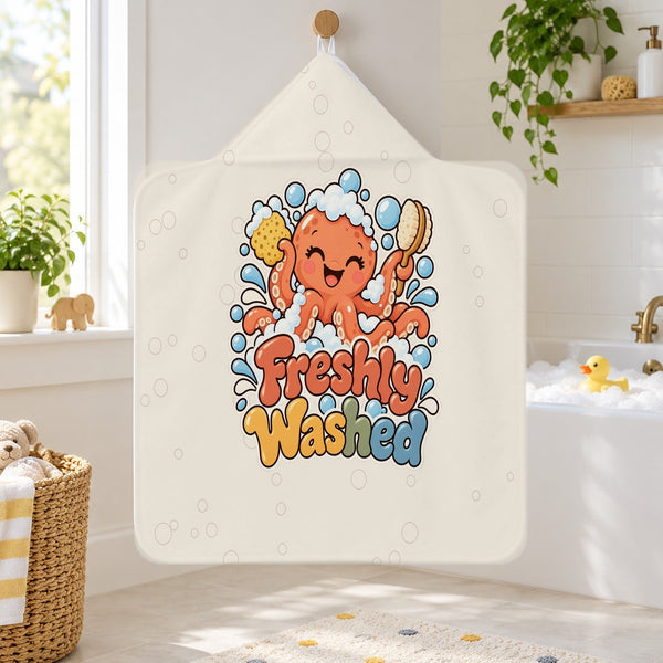 Freshly Washed kids hooded bath towel hanging in a kids bathroom