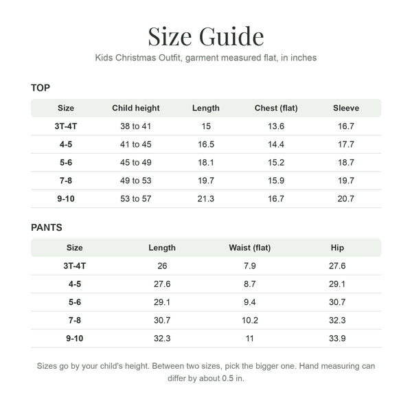 Kids Christmas outfit size guide in inches
