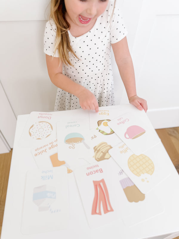 Colorful breakfast flashcards for babies, promoting early learning and sensory play. Angle 3 view.