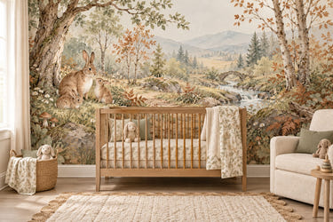 Watercolor Bunny Forest Path Wall Mural, image 1