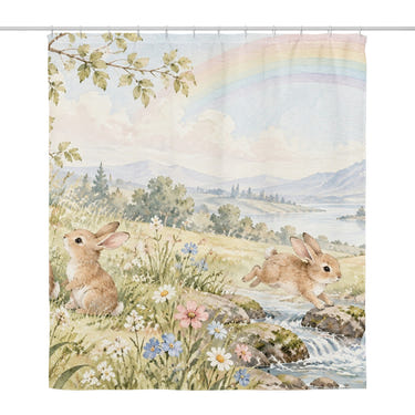 Rainbow Meadow Bunny shower curtain, full front view of the 71 x 74 in fabric curtain