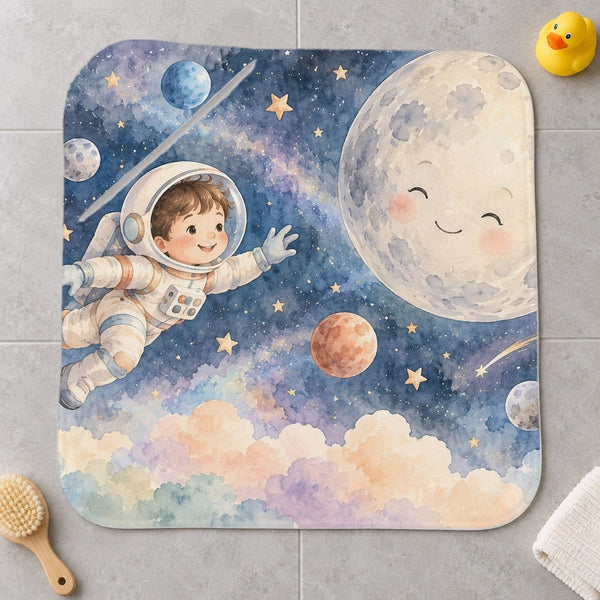 Astronaut and Moon kids hooded bath towel laid flat