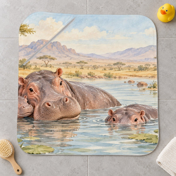 Hippo Family Safari kids hooded bath towel laid flat