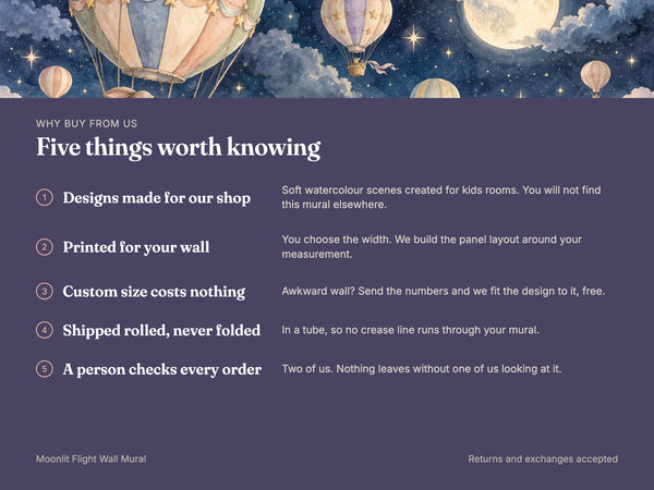 Watercolor Moonlit Flight Hot Air Balloon Wall Mural, image 10