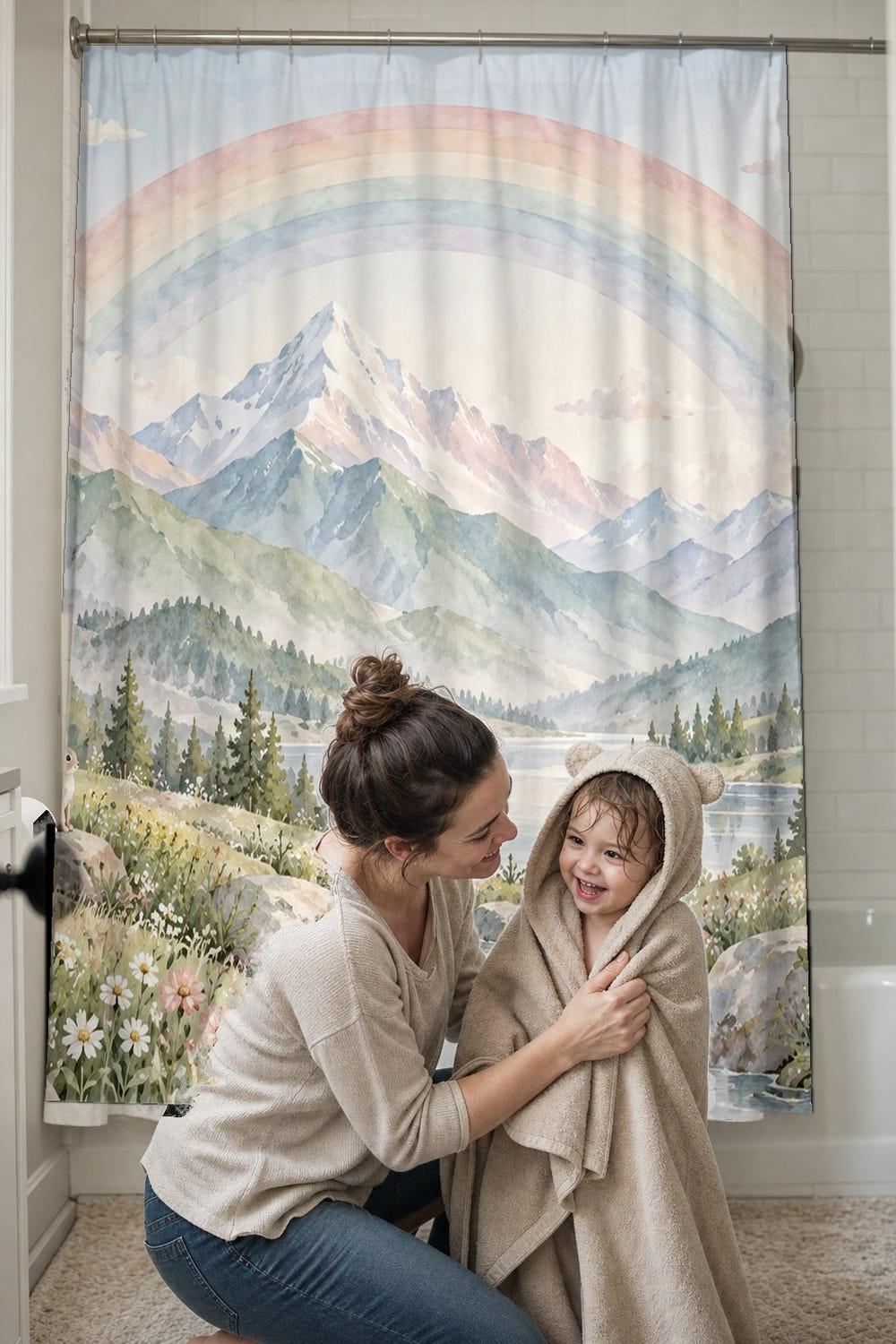 Mountain Stream Rainbow shower curtain, full front view of the 71 x 74 in fabric curtain