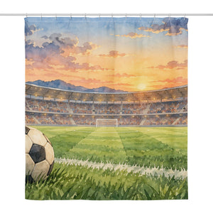Stadium Sunset Soccer shower curtain, full front view of the 71 x 74 in fabric curtain