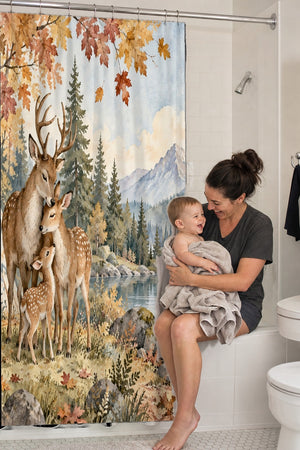Mom holding her baby on the tub edge next to the Deer Teepee Camping shower curtain