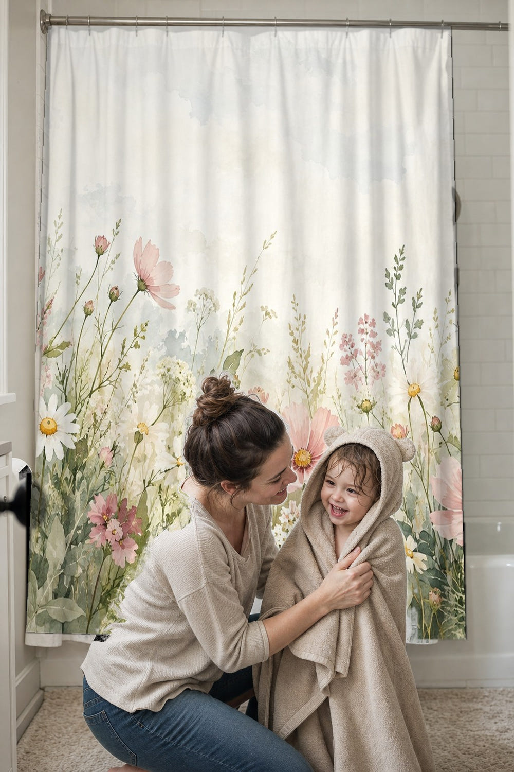 Wild Cosmos Field shower curtain, full front view of the 71 x 74 in fabric curtain