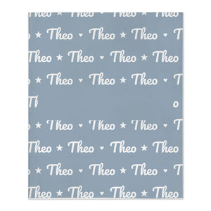 Personalize the Name Pattern toddler minky blanket in dusty blue with your baby's name