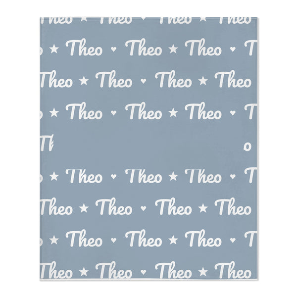 Personalize the Name Pattern toddler minky blanket in dusty blue with your baby's name