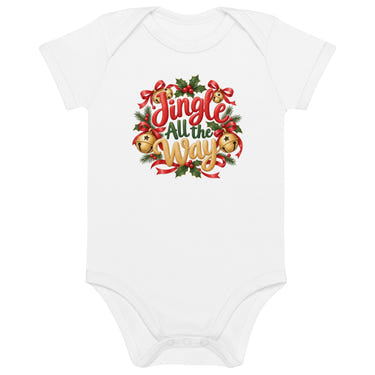Jingle All the Way organic cotton baby bodysuit in white, front view