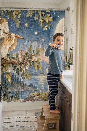 Child brushing teeth in a family bathroom with the Owl Flute shower curtain