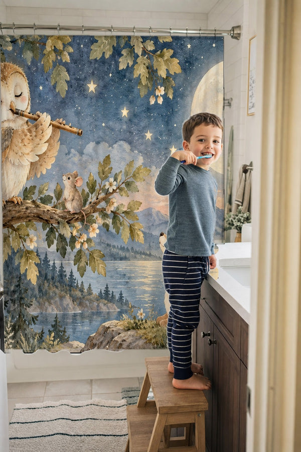 Child brushing teeth in a family bathroom with the Owl Flute shower curtain