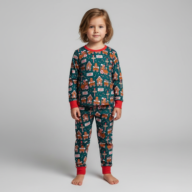 Gingerbread house PJ set for babies, cozy sleepsuit perfect for festive bedtime.