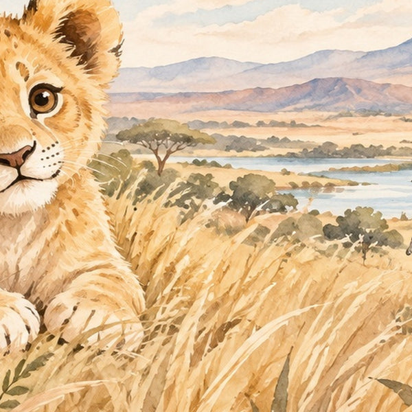 Lion Cub Safari shower curtain, close up of the watercolor artwork