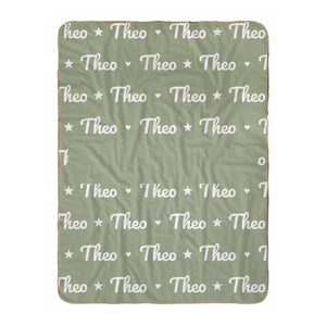 Personalize the Name Pattern sherpa baby blanket in sage with your baby's name