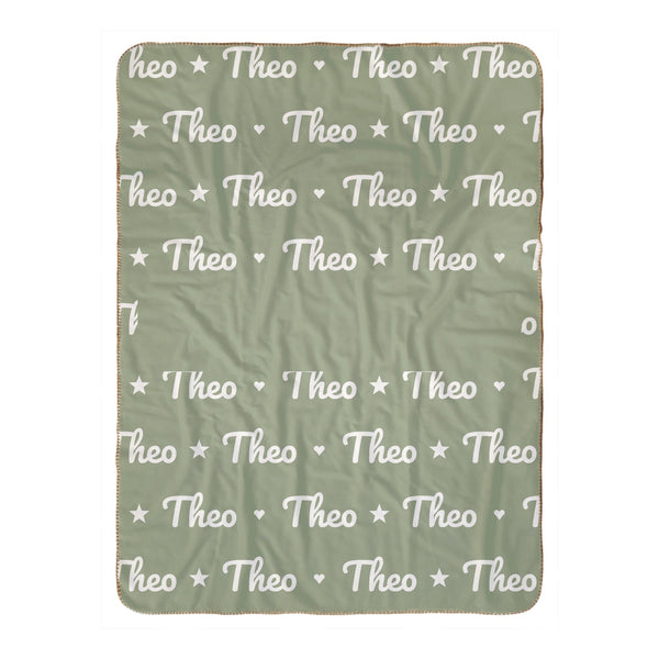 Personalize the Name Pattern sherpa baby blanket in sage with your baby's name