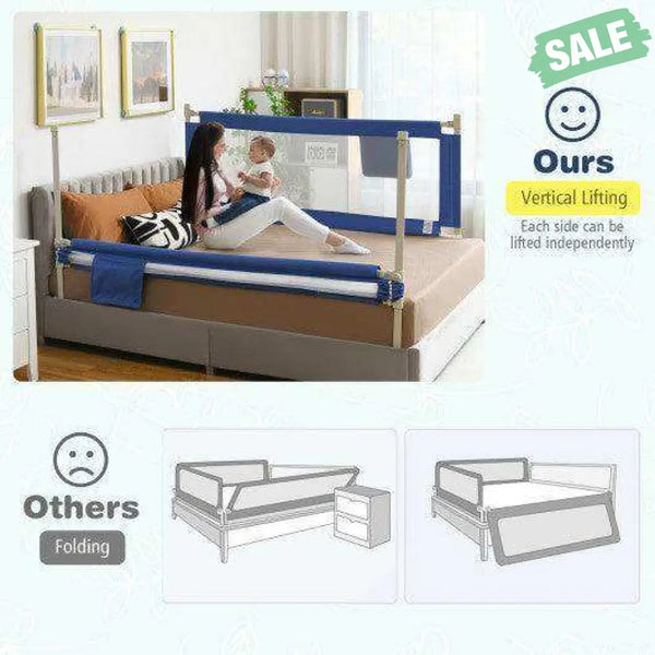 69.5 Inches Toddler Bedrail with Anti-Collision Cotton and Side Pocket-Blue Gray Bed Rails