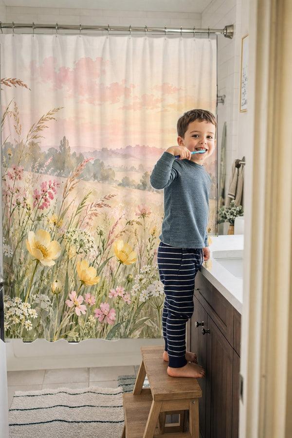 Child brushing teeth in a family bathroom with the Golden Sunset Wildflowers shower curtain