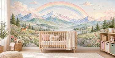 Watercolor Mountain Stream Rainbow Wall Mural, image 1