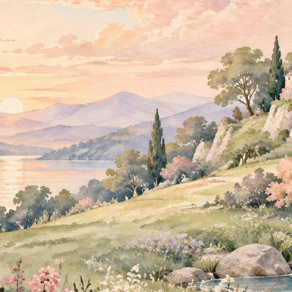 Hilltop Castle Fairy Tale shower curtain, close up of the watercolor artwork