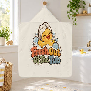 Fresh Out Of The Tub kids hooded bath towel hanging in a kids bathroom